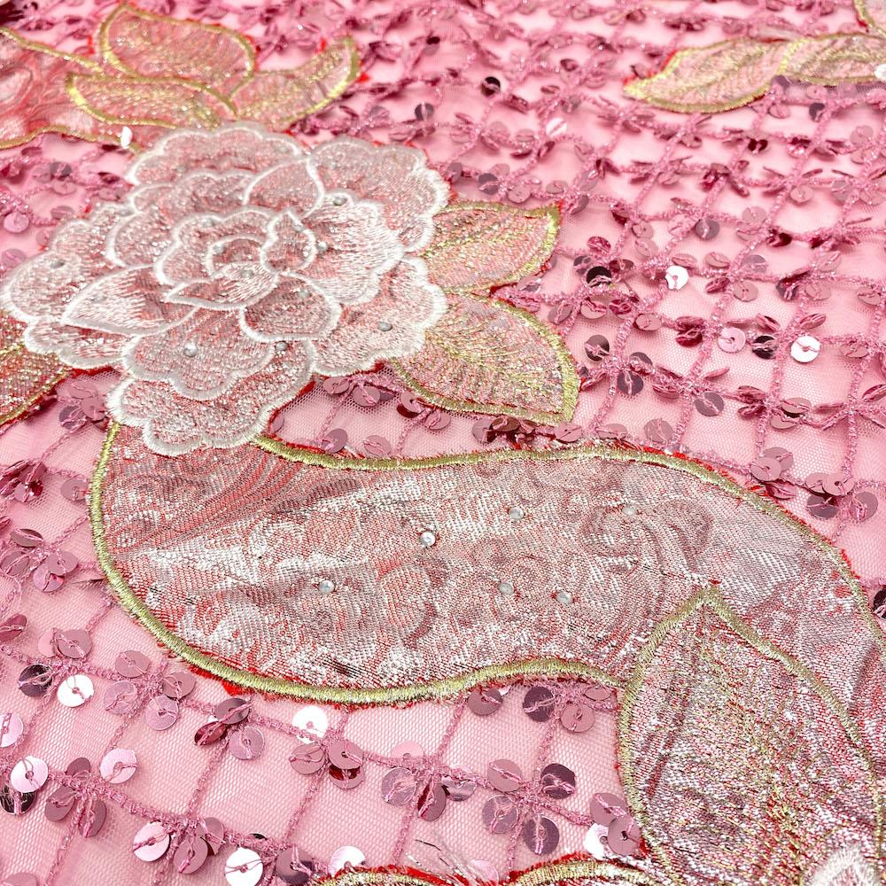 Pink Rose Brocade Chemical Lace Mesh - Image 2