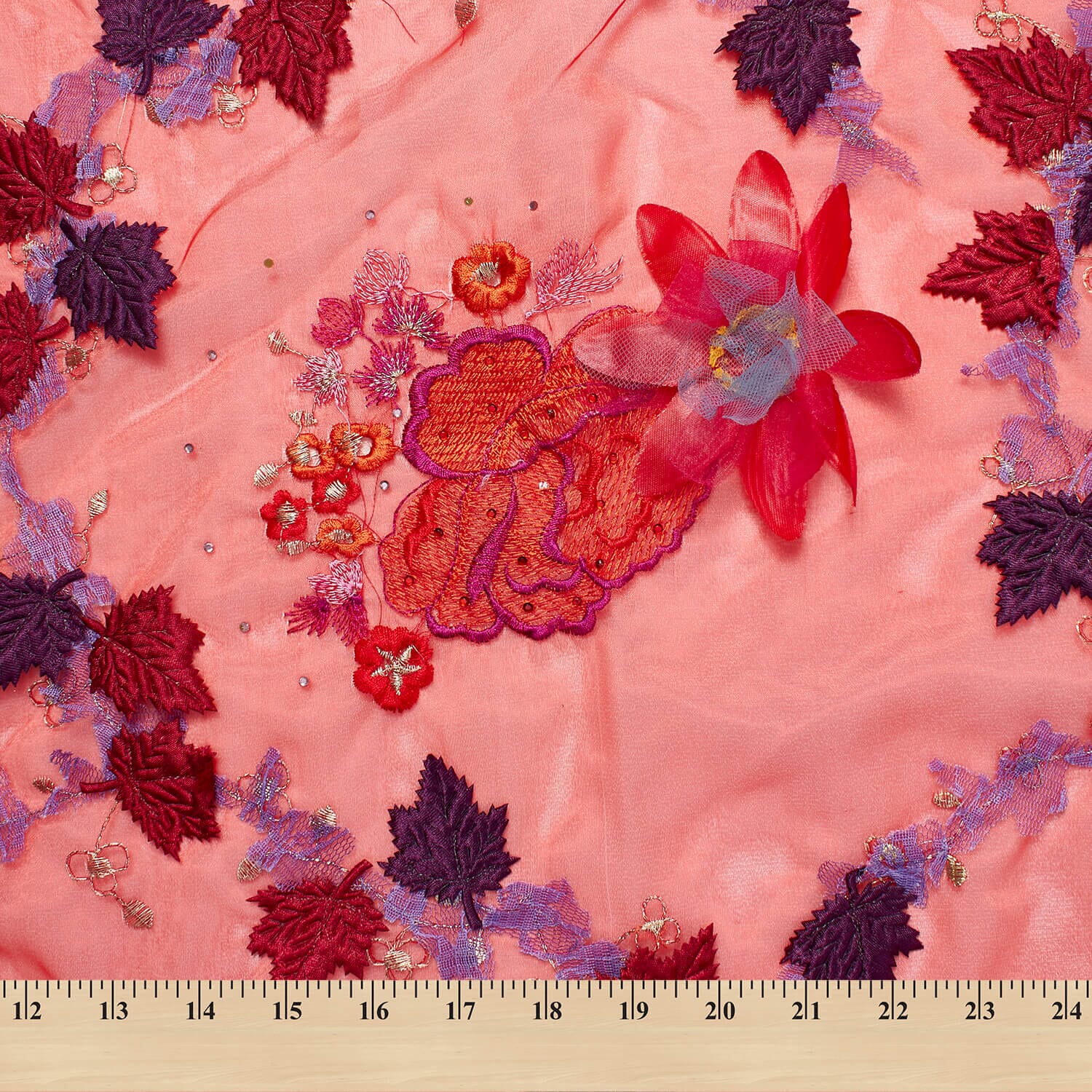 Red Blossom Floral Patch Double Layer Organza - Image 4