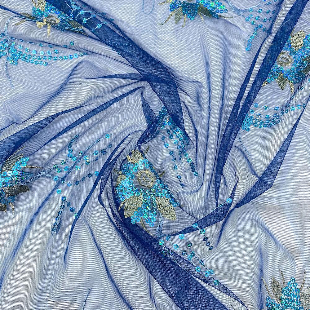 Royal Blue Wildflower Embroidered on Mesh - Image 3