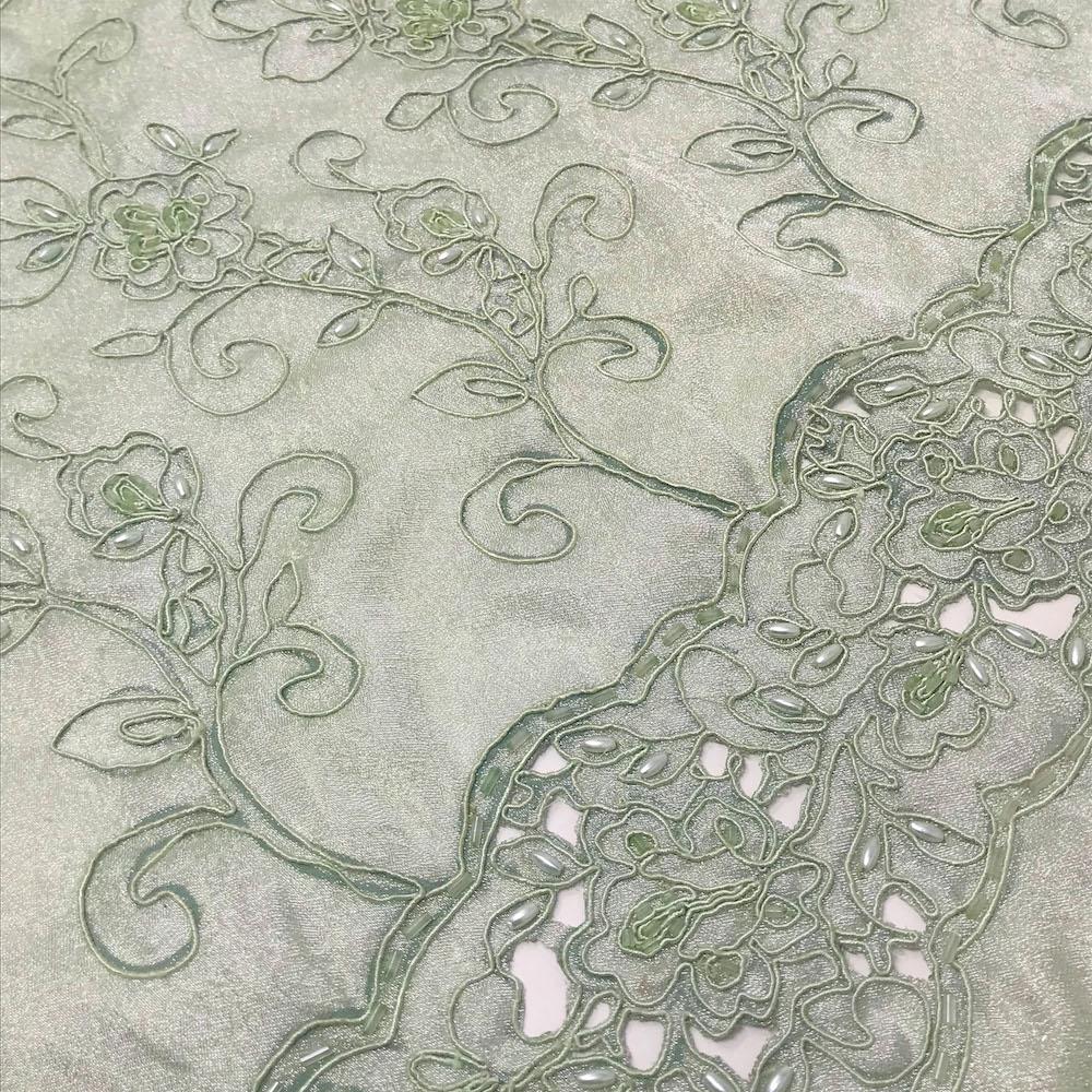 Sage Corded Floral Bloom with Beads on Organza - Image 2