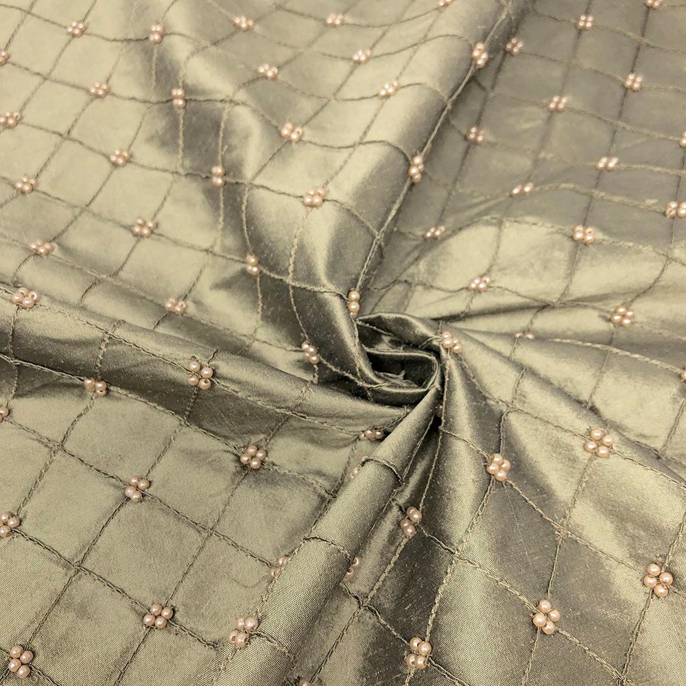 Silk Taffeta Olive Beaded Checkered Embroidery - Image 2