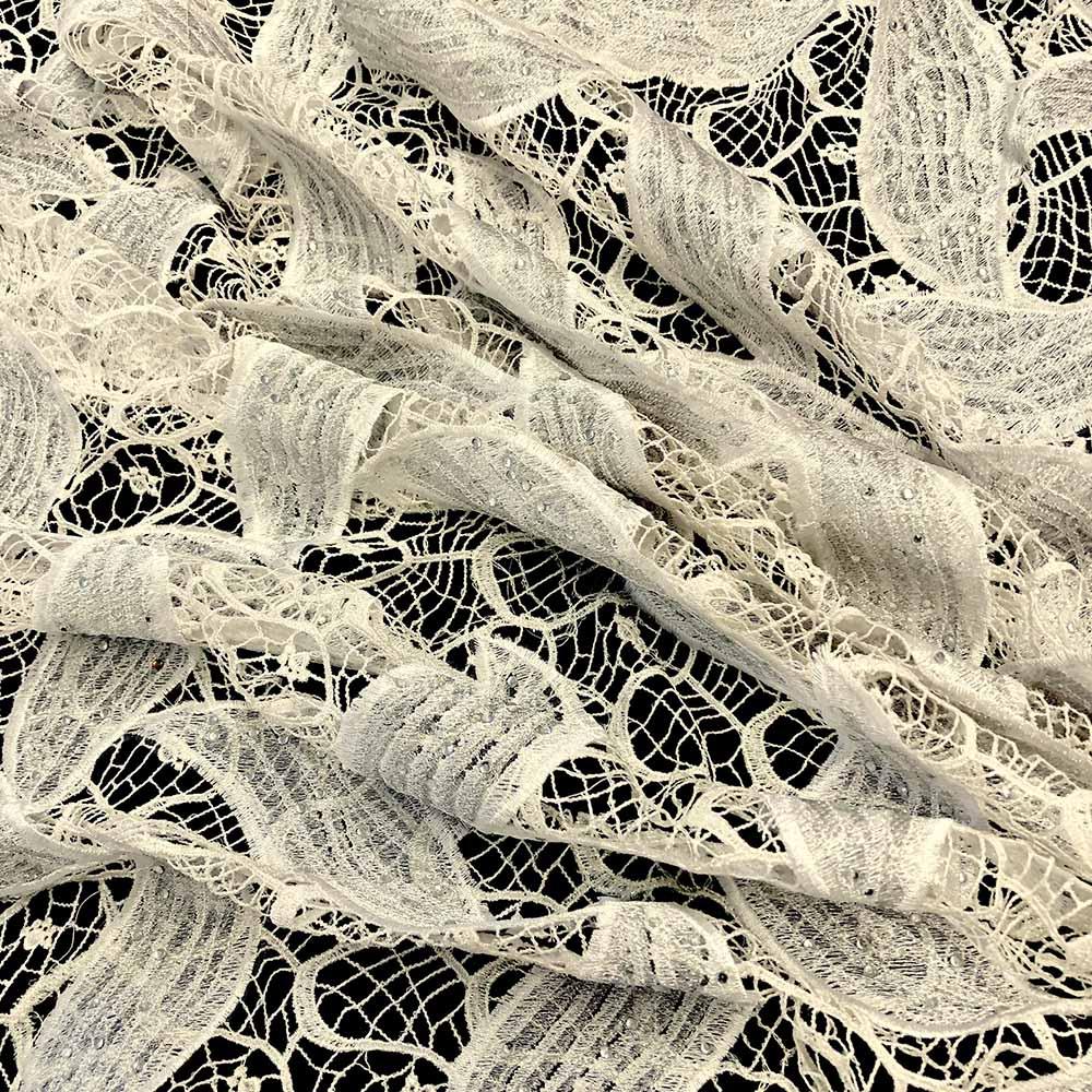 Silver Leaf Corded Embroidery Lace with Stone