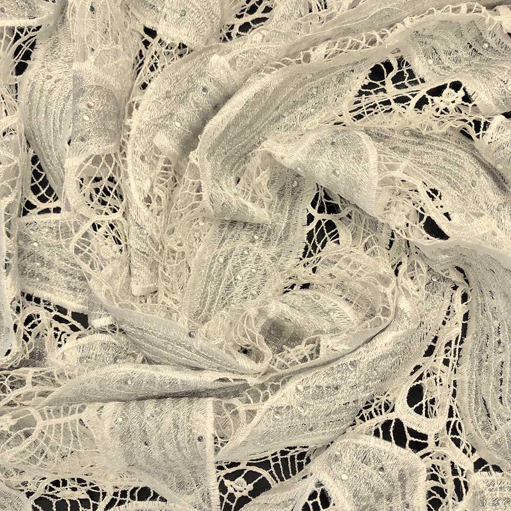 Silver Leaf Corded Embroidery Lace with Stone - Image 3