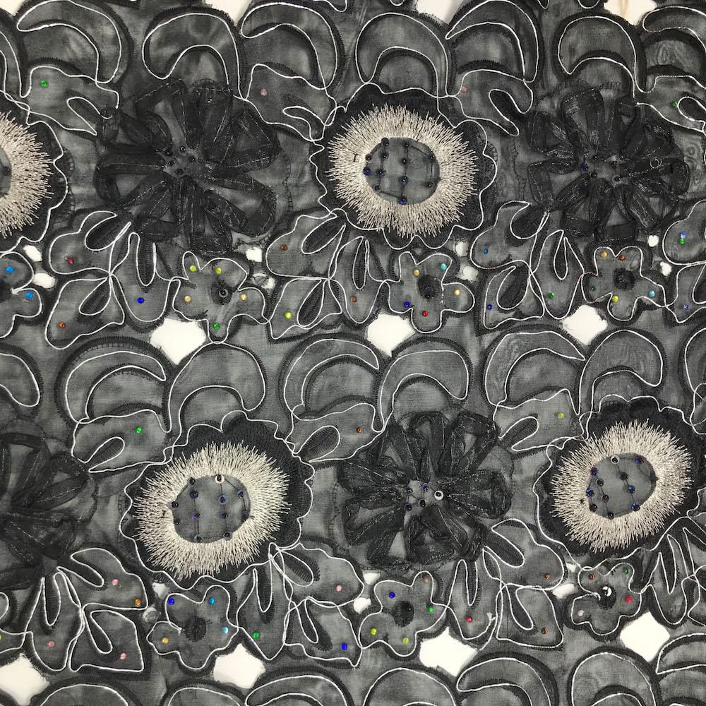 Black Sunflower Metallic Corded Embroidery Organza with Rhinestones
