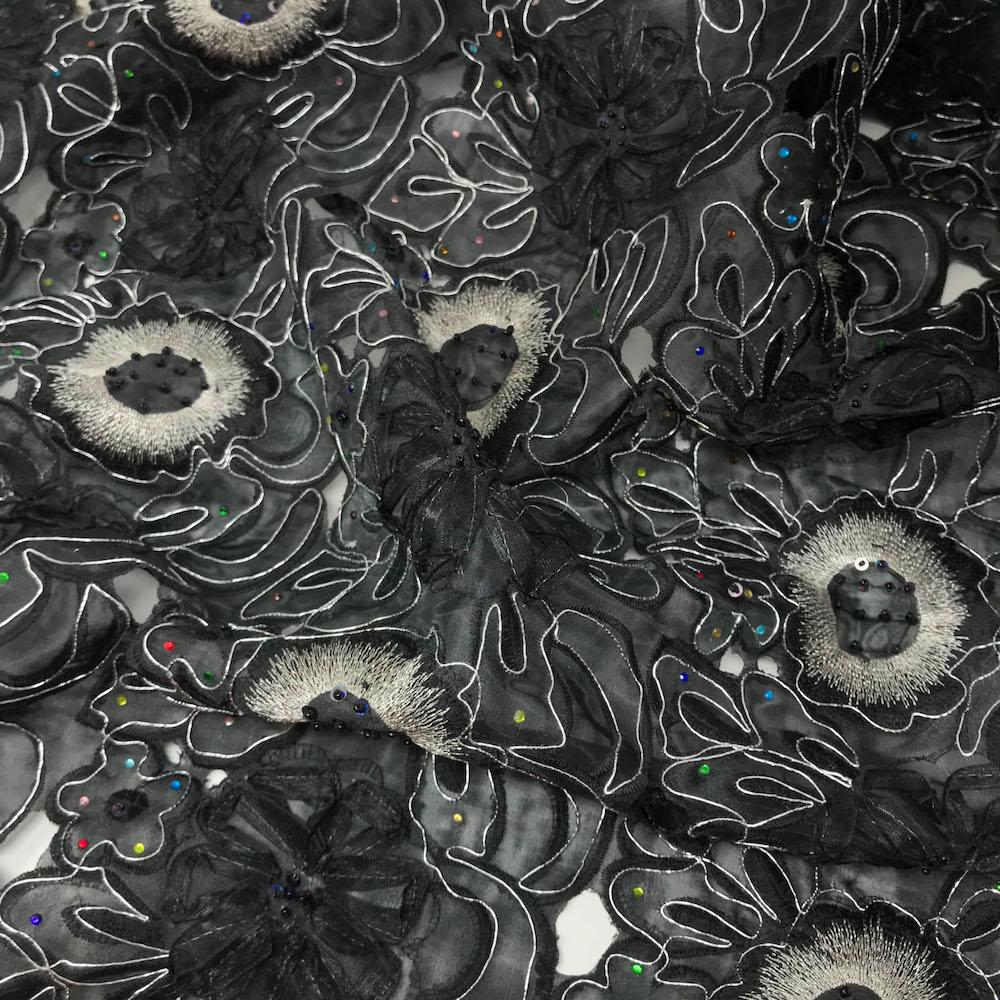 Black Sunflower Metallic Corded Embroidery Organza with Rhinestones - Image 2