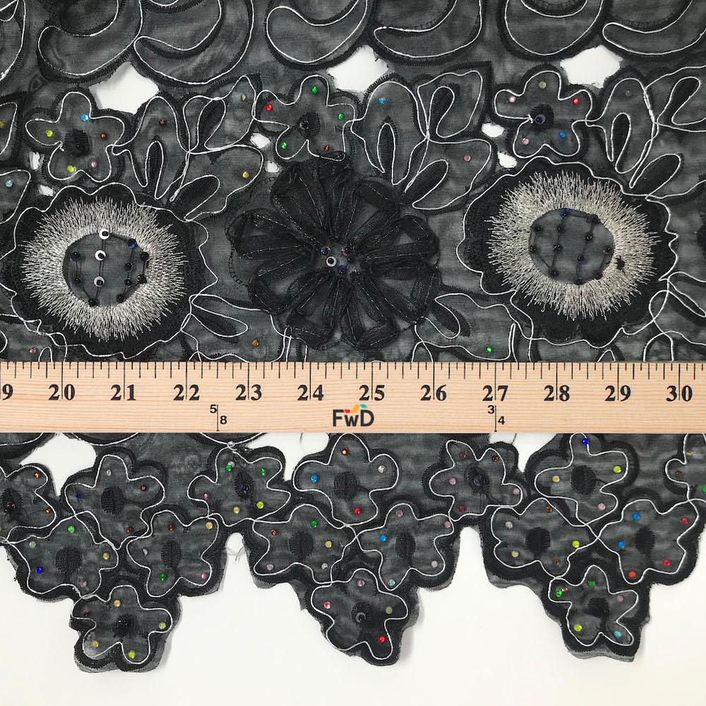 Black Sunflower Metallic Corded Embroidery Organza with Rhinestones - Image 3