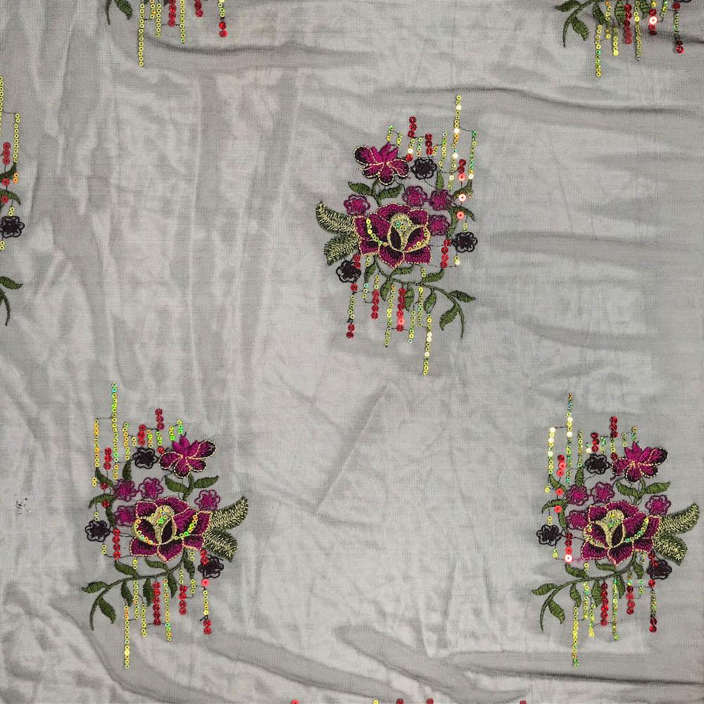 Black Tulip Patch Sequins Embroidery on Mesh