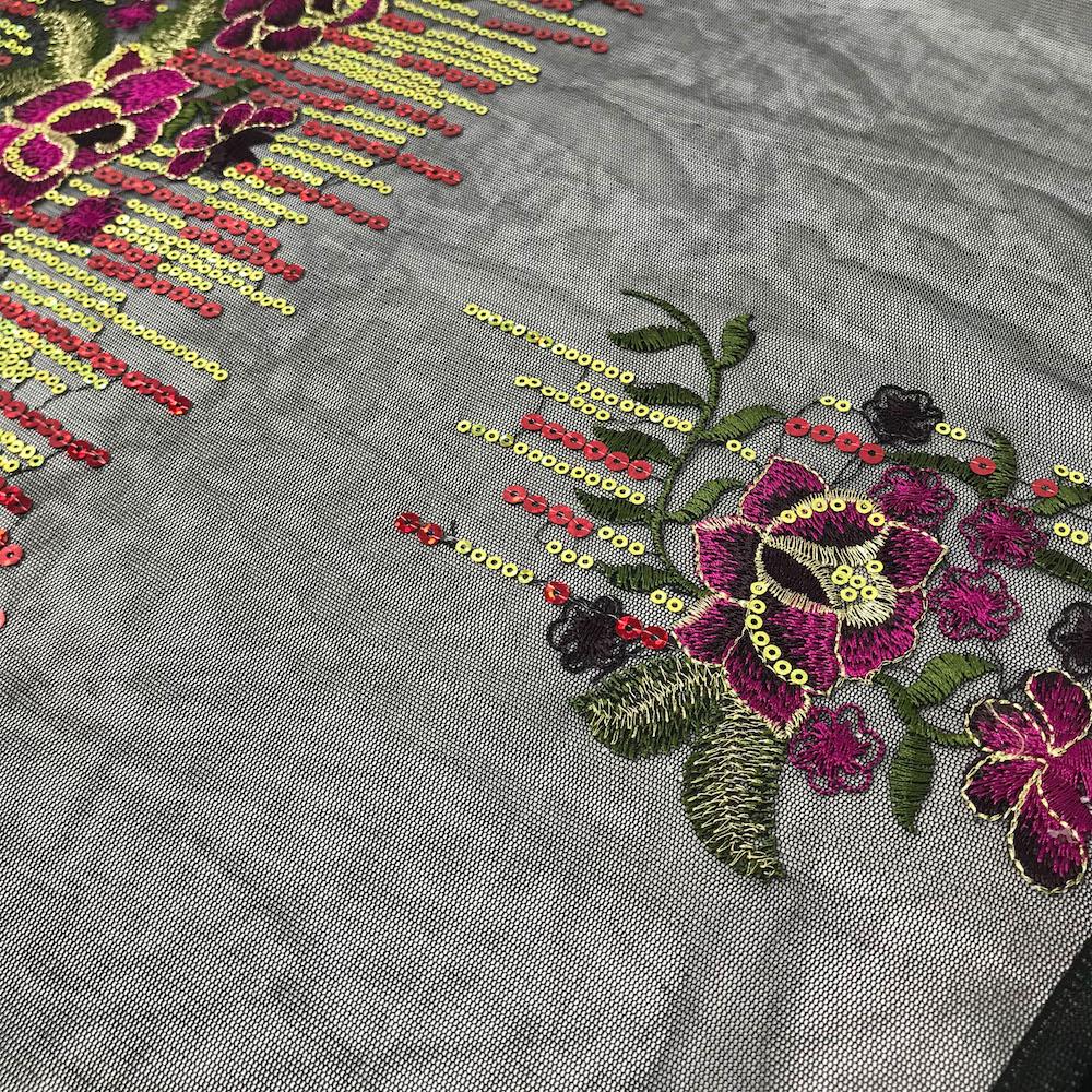 Black Tulip Patch Sequins Embroidery on Mesh - Image 3