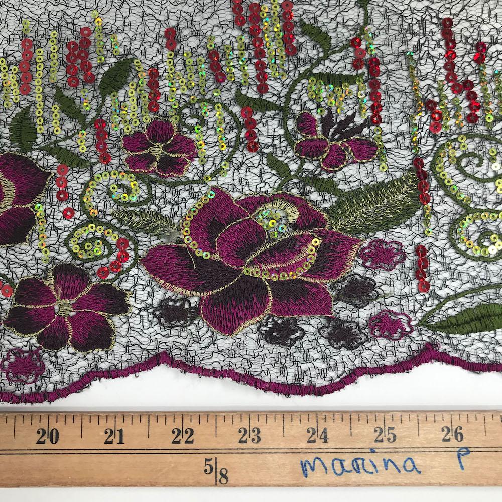Black Tulip Patch Sequins Embroidery on Mesh - Image 4