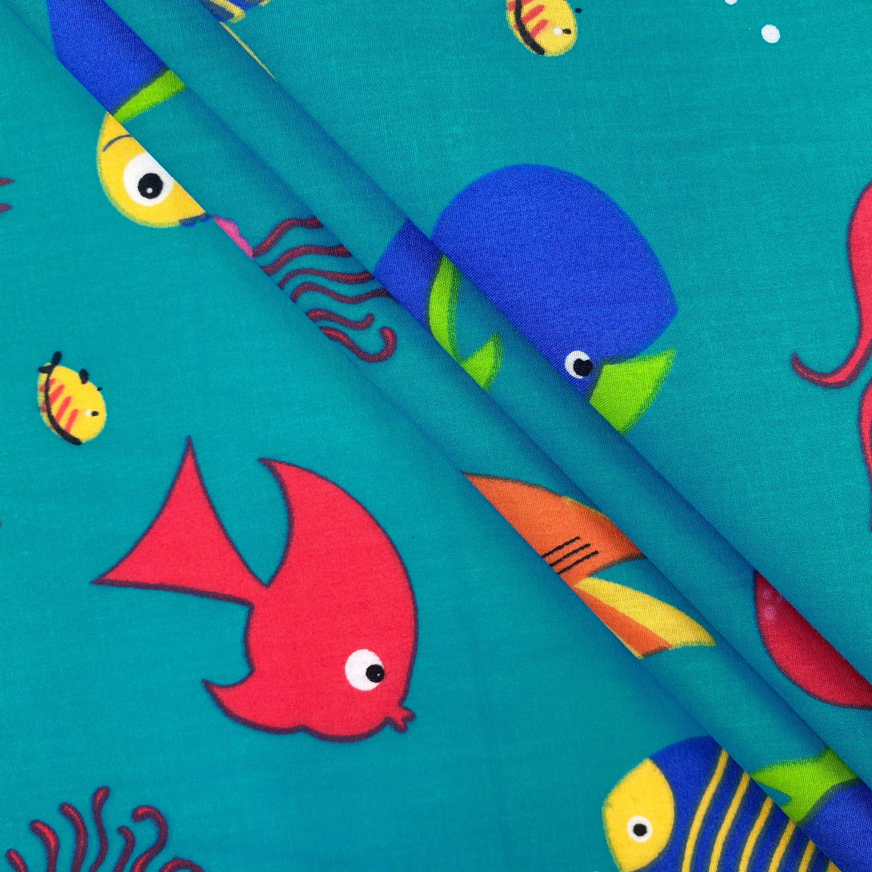 Turquoise Aquarium Print Broadcloth - Image 2