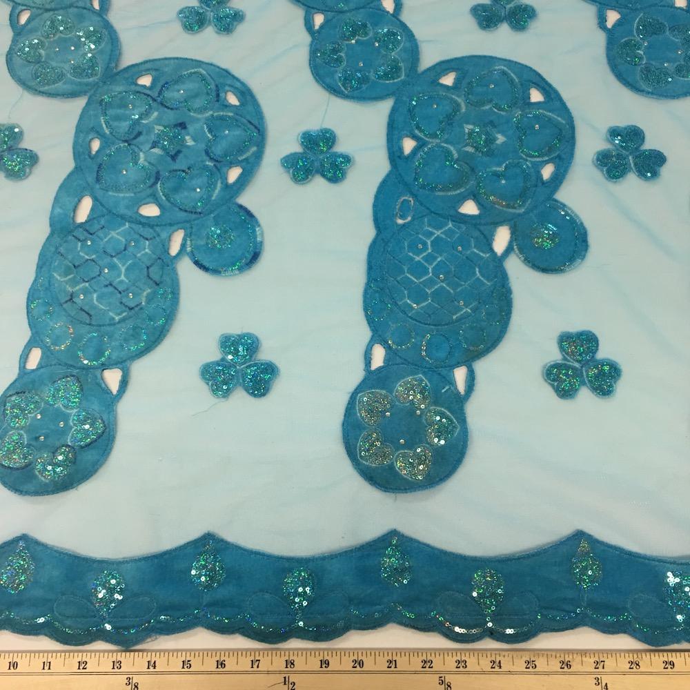 Turquoise Circle Embroidery Lace on Mesh