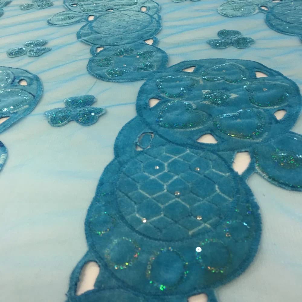Turquoise Circle Embroidery Lace on Mesh - Image 2
