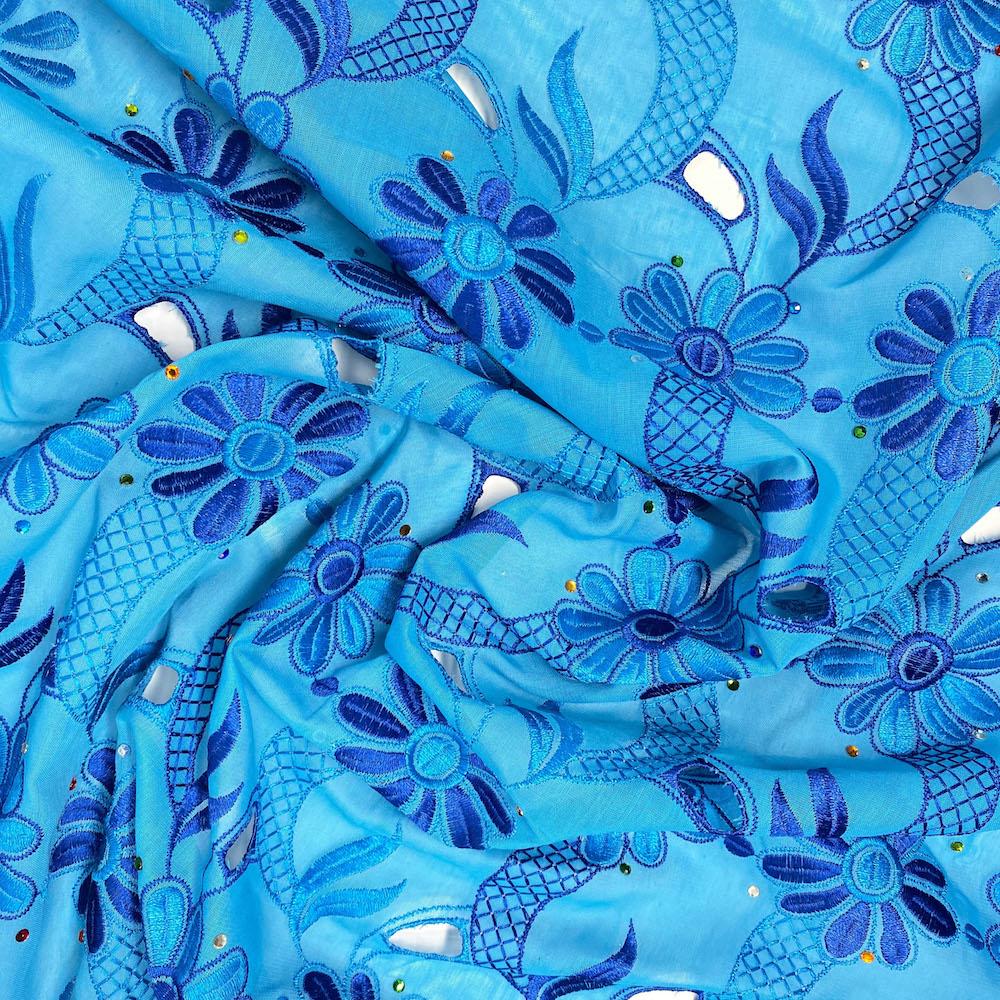 Turquoise Daisy Embroidery with Rhinestones on Organza Lace - Image 2