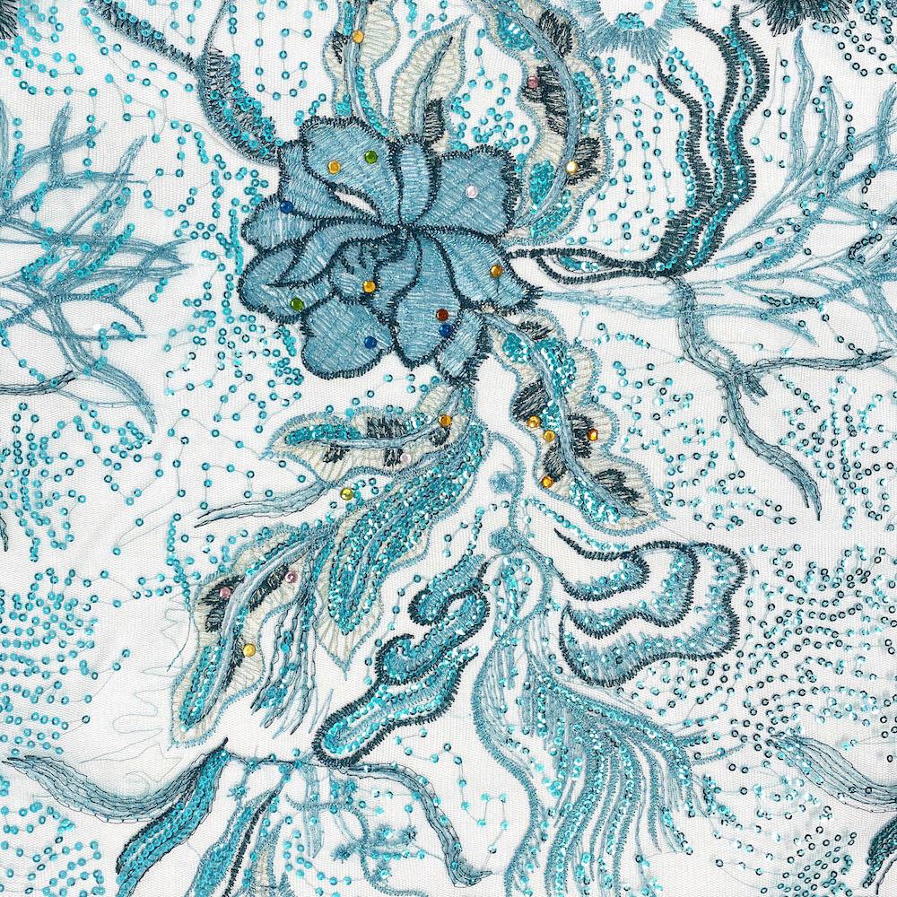 Turquoise Floral Embroidery w/ Rhinestones on Mesh