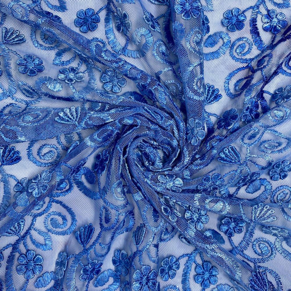 Turquoise Floral Vine Embroidery on Mesh