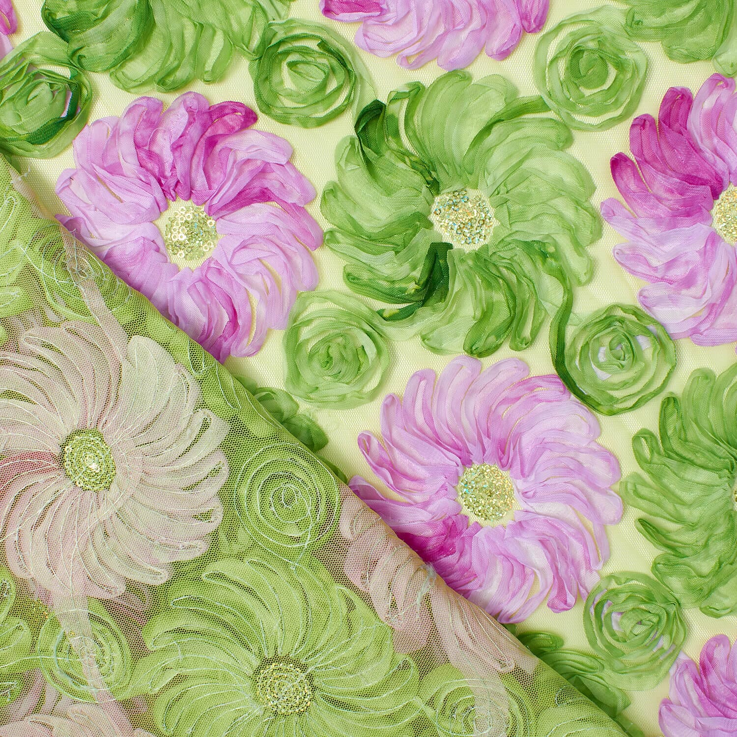 Two Tone Floral Ribbon on Mesh with Sequins - Image 10
