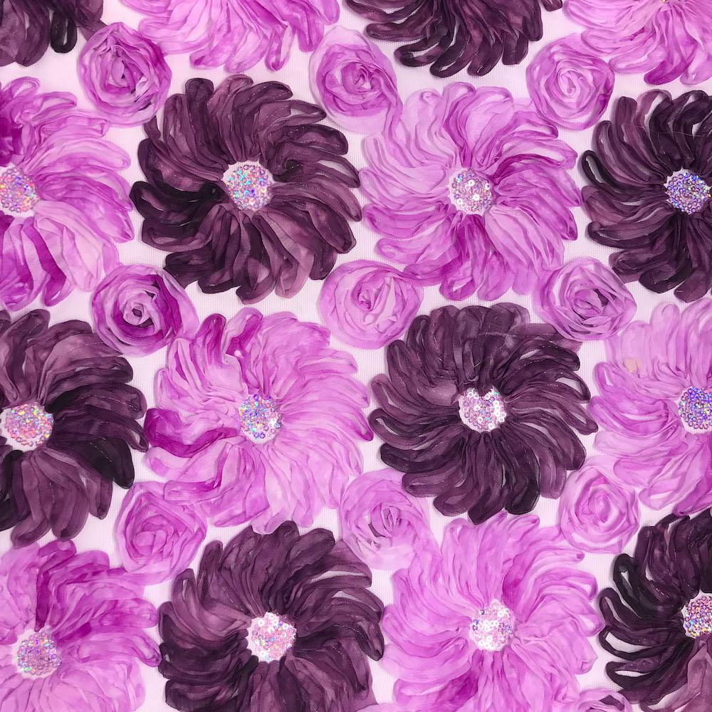 Two Tone Floral Ribbon on Mesh with Sequins - Image 2