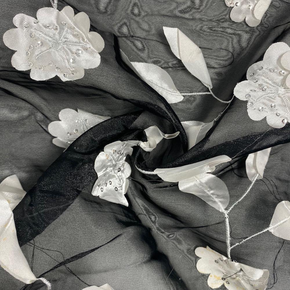 White Daisy Ribbon Patch Embroidery on Black Taffeta - Image 3