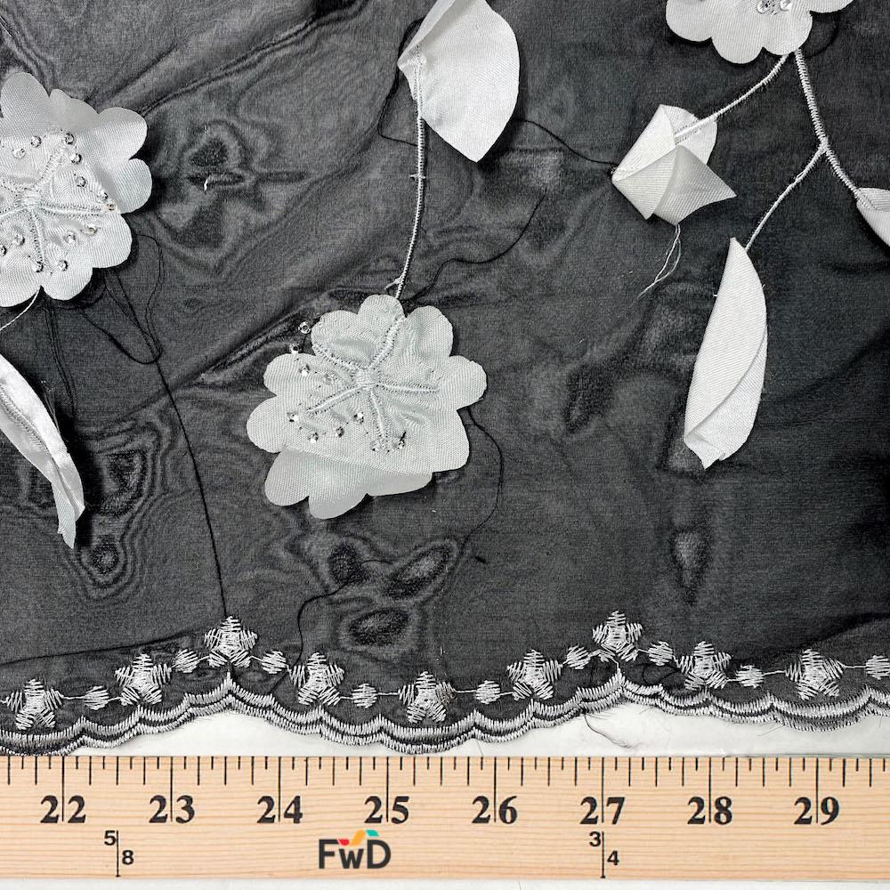 White Daisy Ribbon Patch Embroidery on Black Taffeta - Image 4