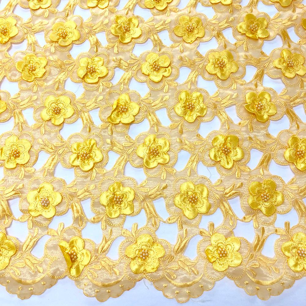 Yellow Floral Embroidery on Peach Organza Lace