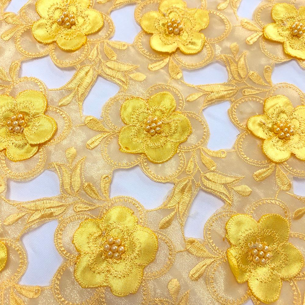 Yellow Floral Embroidery on Peach Organza Lace - Image 2