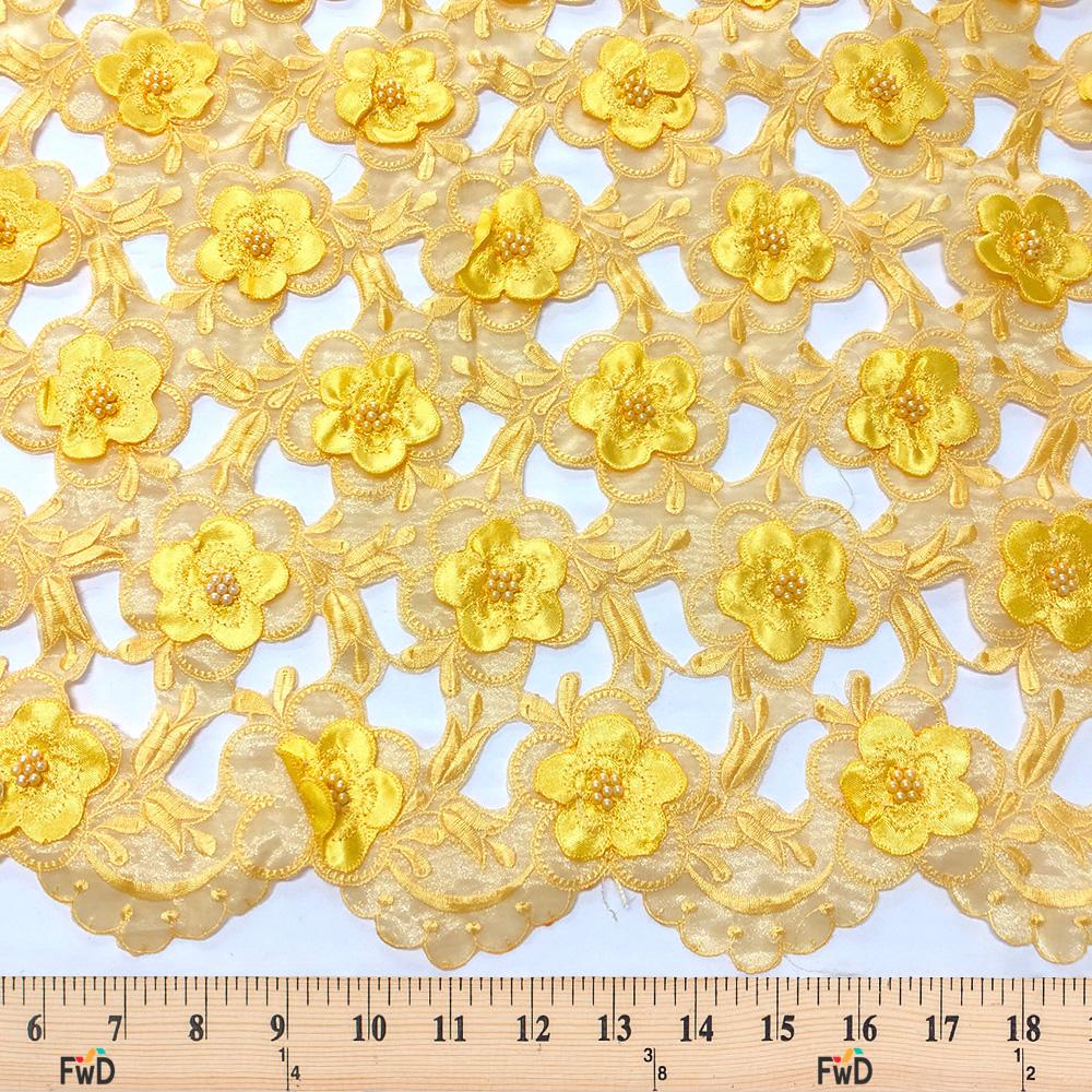 Yellow Floral Embroidery on Peach Organza Lace - Image 3