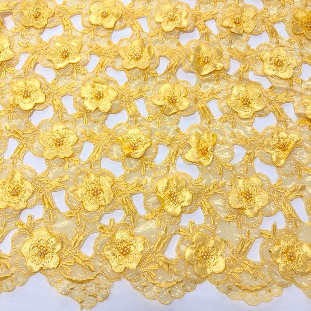 Yellow Floral Embroidery on Yellow Organza Lace