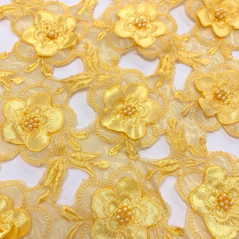 Yellow Floral Embroidery on Yellow Organza Lace - Image 2