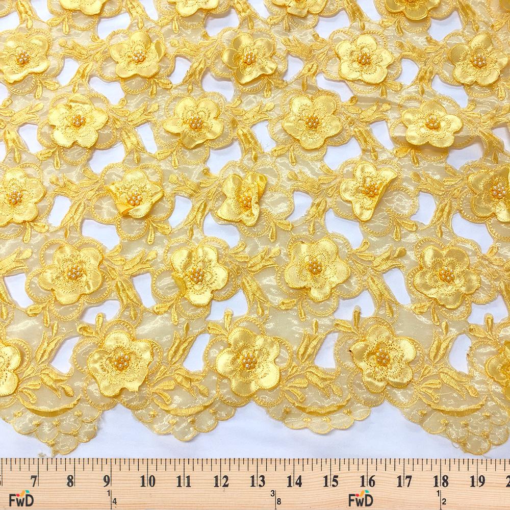 Yellow Floral Embroidery on Yellow Organza Lace - Image 3